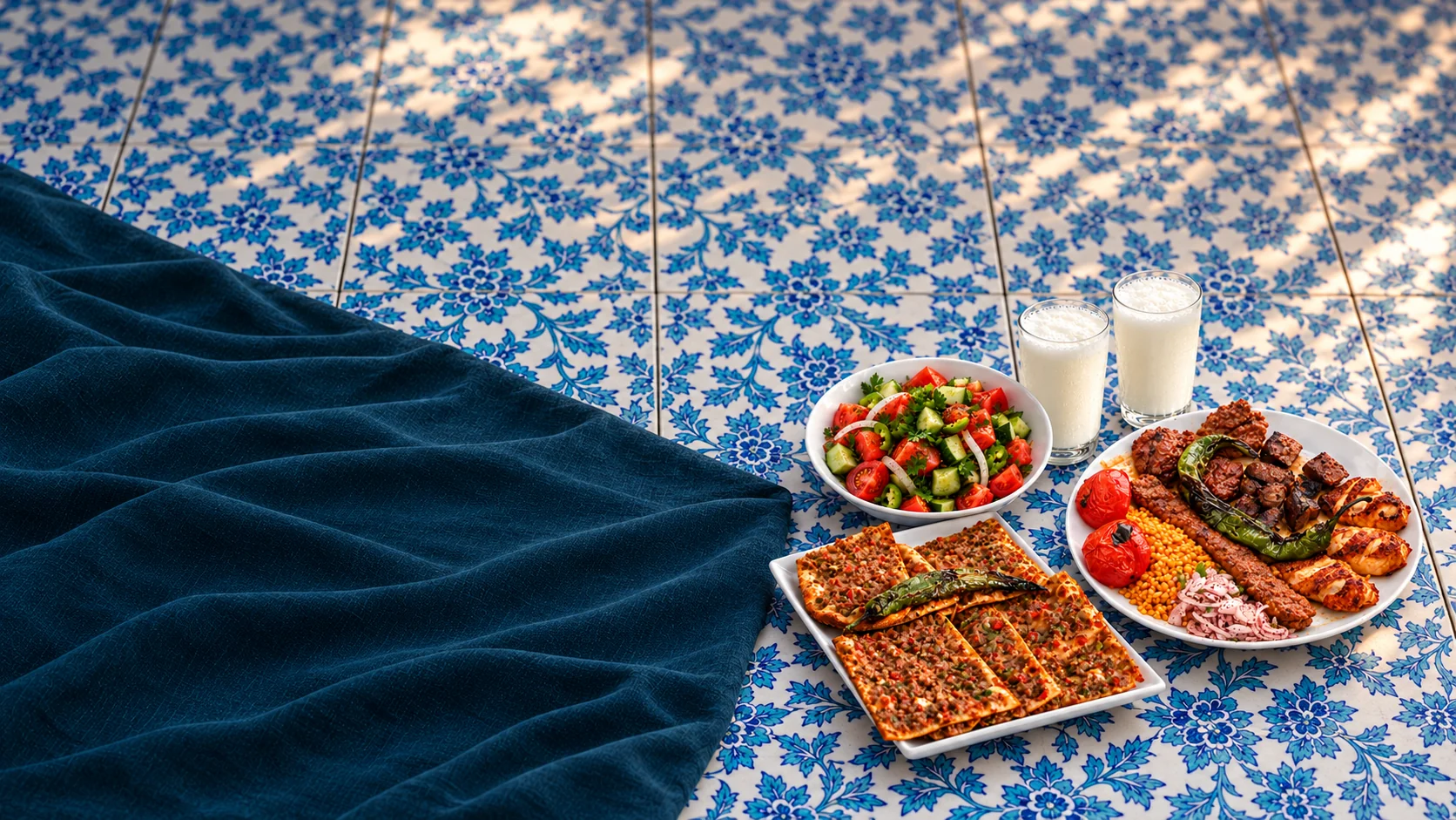 Başakşehir’de paylaşmak için etli ekmek, ızgara, salata ve ayranla hazırlanmış sofra
