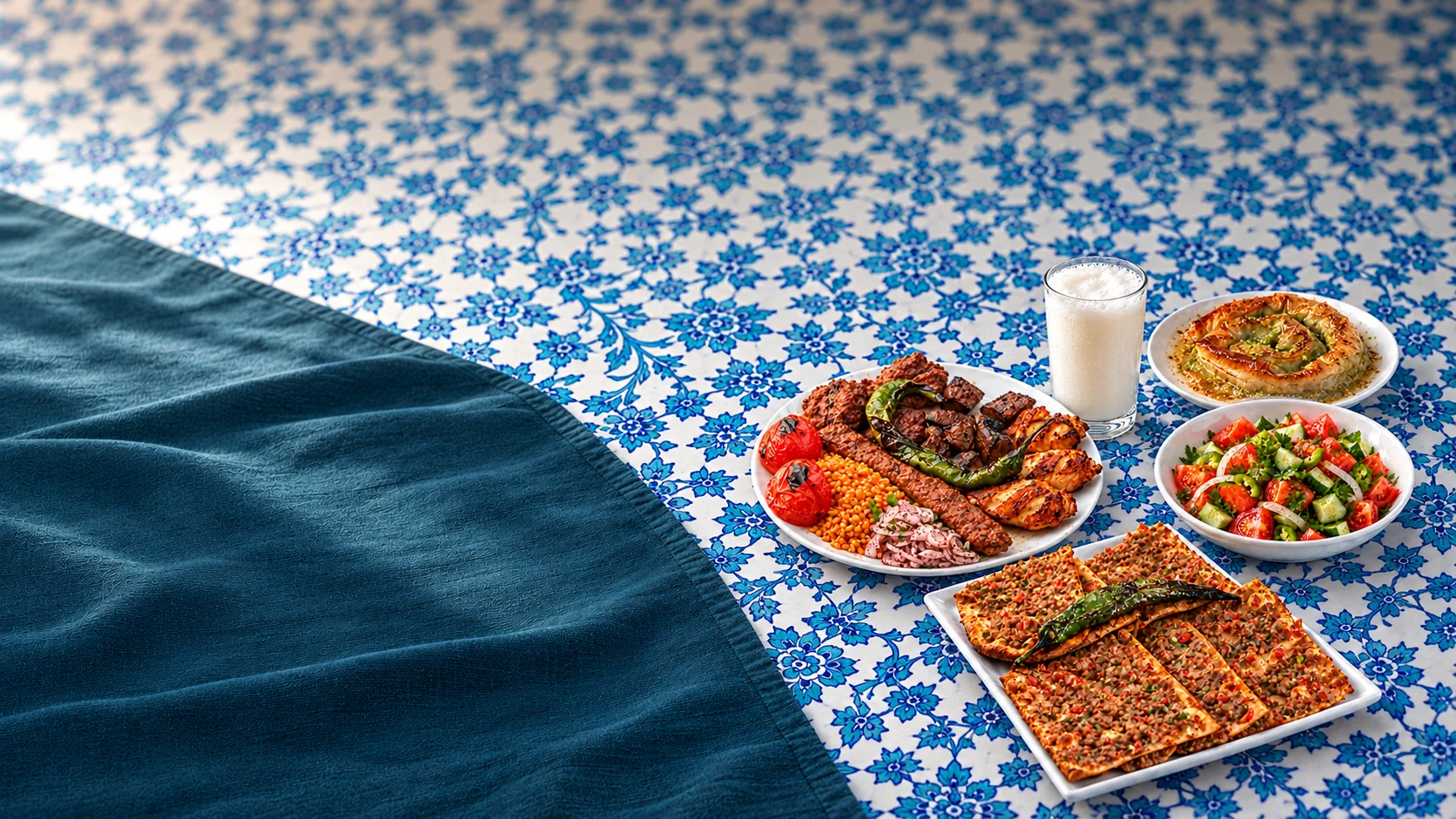 Etli ekmek, karışık ızgara, salata, ayran ve saç arasıyla hazırlanmış Mevlana sofrası